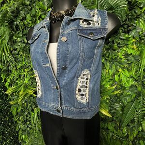 Women Vest Denim 1XL Blue Sequins Accent Polka‎ Dots Waist Coat BUZZ 1618